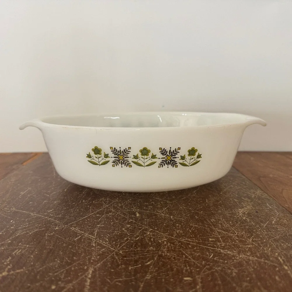 Vintage‎ Anchor Hocking Fire King Baking Dish Green Floral Oval Casserole